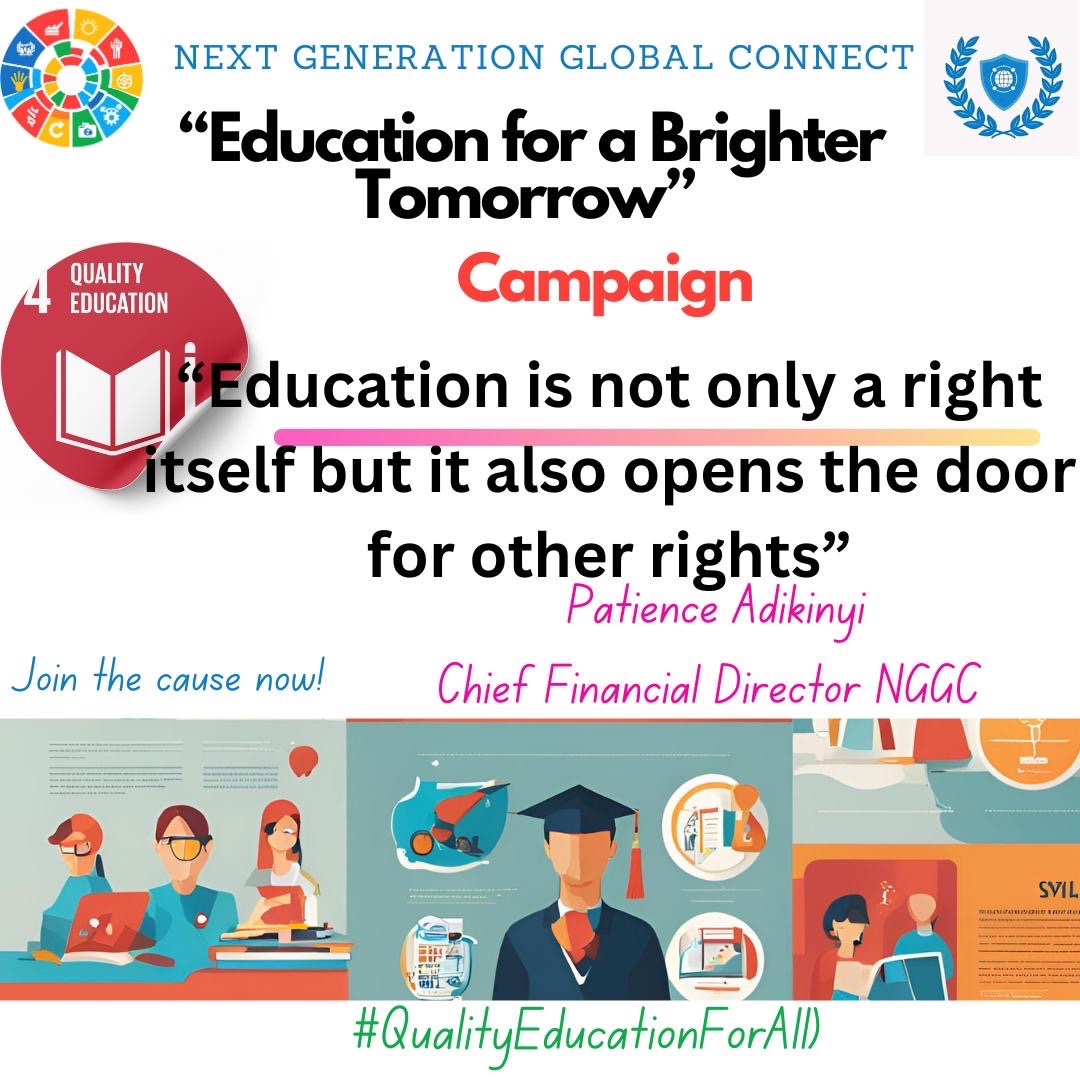 NextGenGlobal_C's tweet photo. Launch of "Education for a Brighter Tomorrow"!
Join us for a 25-day campaign to highlight the importance of quality education in achieving the UN Sustainable Development Goals!
#QualityEducationForAll Tag us &amp; share your custom flyer: https://t.co/3kzVGlqsNL https://t.co/401REYI7VQ