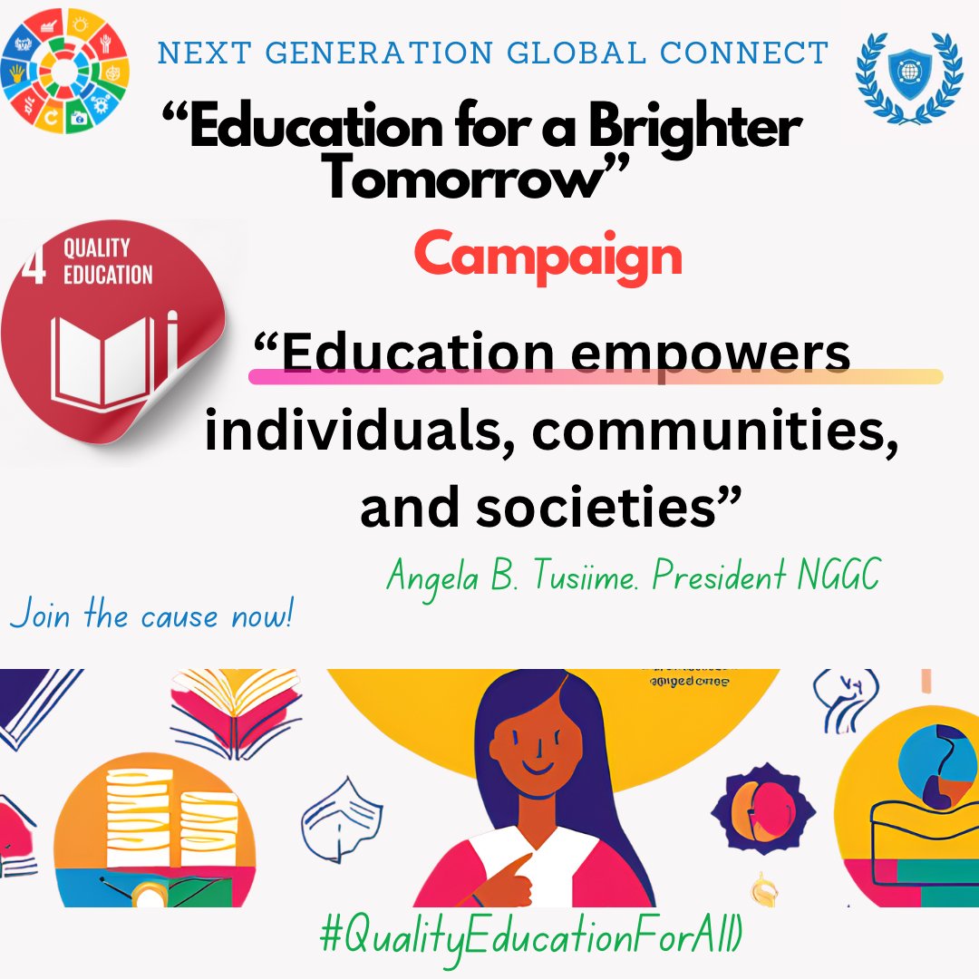NextGenGlobal_C's tweet photo. Launch of "Education for a Brighter Tomorrow"!
Join us for a 25-day campaign to highlight the importance of quality education in achieving the UN Sustainable Development Goals!
#QualityEducationForAll Tag us &amp; share your custom flyer: https://t.co/3kzVGlqsNL https://t.co/401REYI7VQ