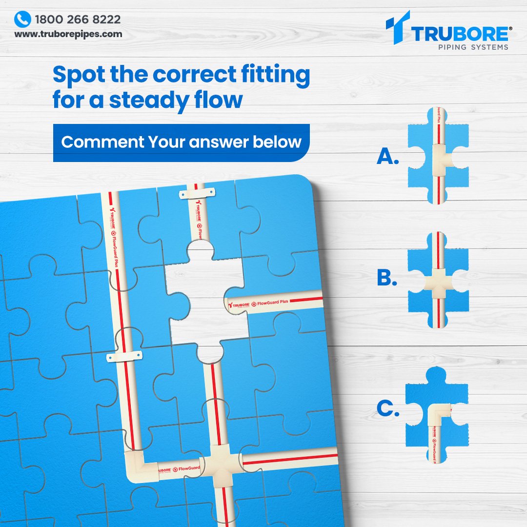 TruborePipes's tweet photo. Are you ready for a challenge? Can you spot the correct Trubore Flowguard® Plus CPVC fitting for a perfect flow?
Share your answer in the comments below.
#TruborePipes #Pipes #PipesAndFittings #PipingSystems #Trubore #PipingSolutions #StrongPipes #CPVCPipes #FlowguardPlus https://t.co/dGcsXo5z44