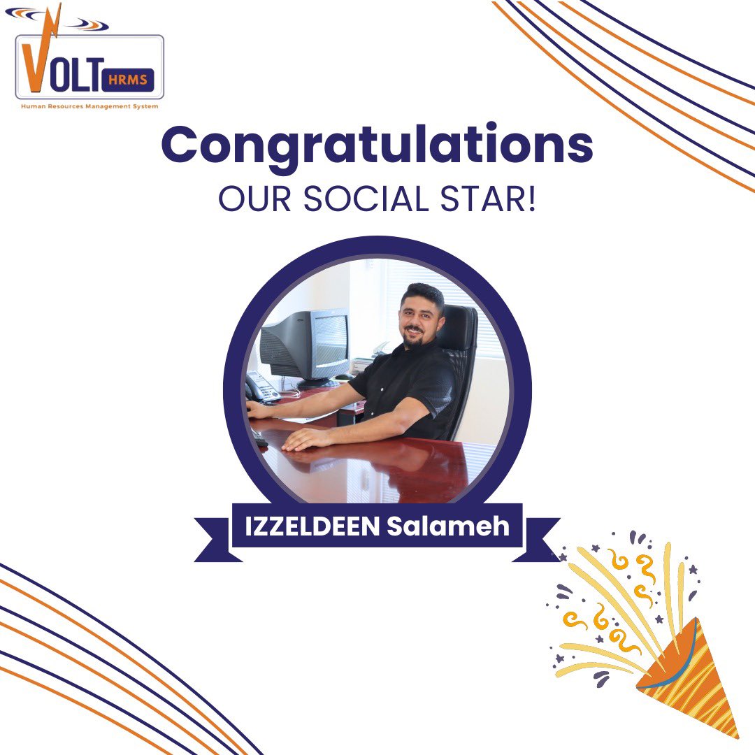 HrmsVolt's tweet photo. Shining Bright Our Social Star! ✨ Meet Izzeldeen Salameh, our social star of the quarter 🌟
#socialstar #Volthrms #humanresources #payroll #performancemanagement https://t.co/EAh7bLge2K