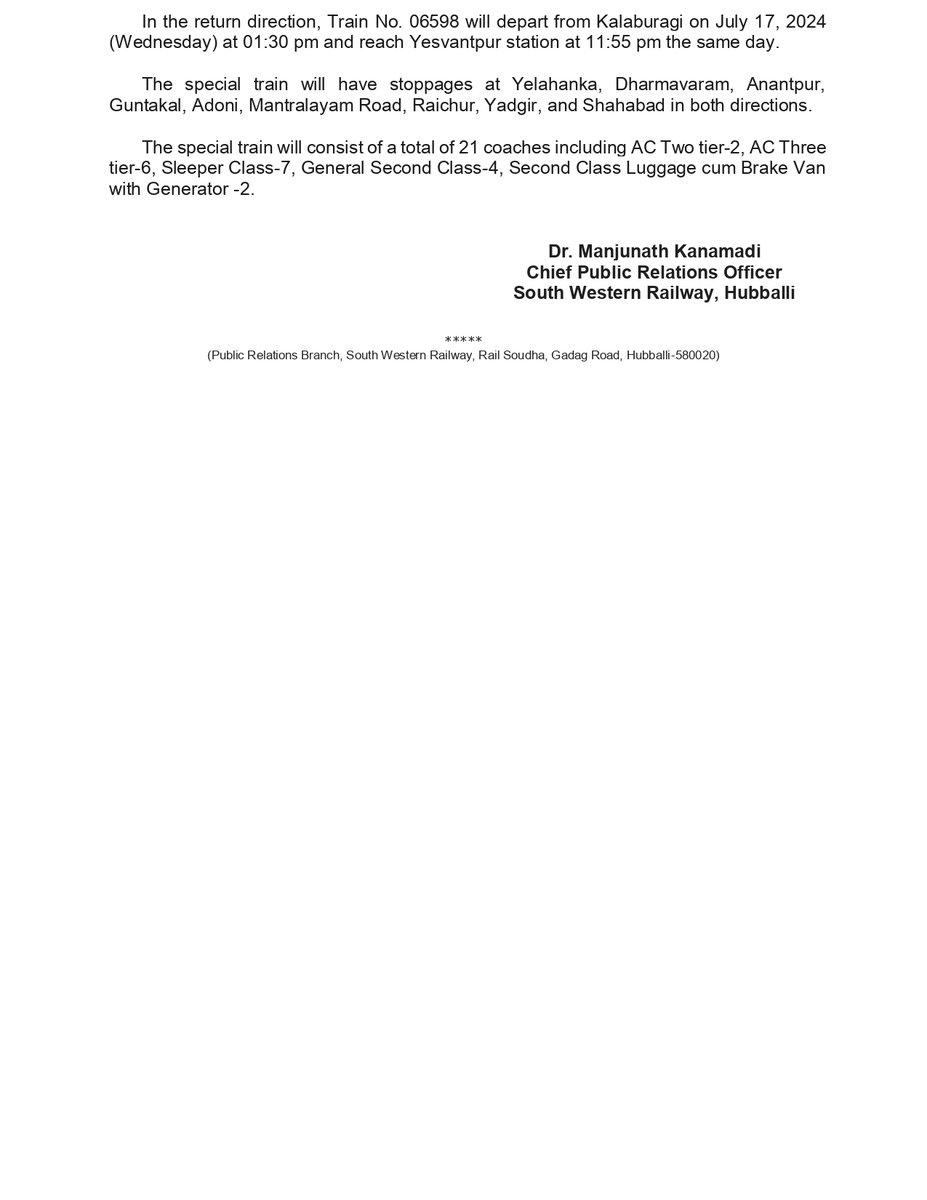 SWRRLY's tweet image. Attention passengers:
Kindly note the running of special trains running between Yesvantpur/SMVT Bengaluru and Kalaburagi as detailed below.
#SWRupdates