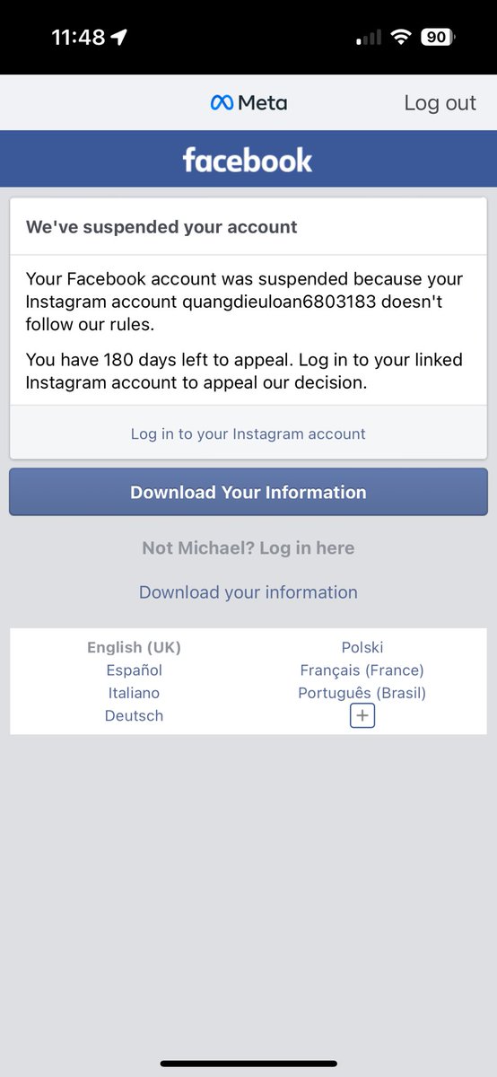 macalvert2's tweet image. Just had notification that an @instagram account that’s not me is linked to my @facebook account and breaches their policy. So I’ve been suspended. Can’t log into Facebook. And the Instagram account doesn’t exist? Any tips?
#hacked