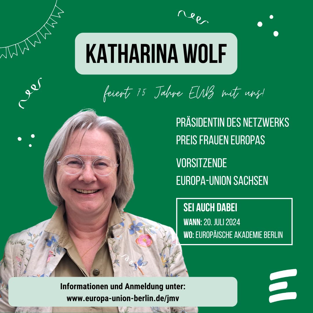 Nächsten Samstag feiern wir 75 Jahre #AuftragEuropa in Berlin. Zu Gast auch die fantastische Katharina Wolf, Präsidentin des Netzwerks "Preis Frauen Europas" und Vorsitzende der Europa-Union Sachsen <a href="/EuropaUnionSN/">Europa Union Sachsen</a>. Sei auch dabei und melde dich jetzt an: europa-union-berlin.de/jmv