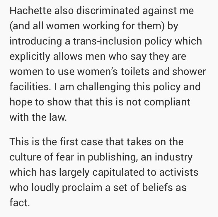 1. If all cis women at Hachette were polled today to ask if they were happy for trans women to share the same facilities then the overwhelming majority would say yes. To say ‘all women’ in H’s employ are being discriminated against because of a policy we WELCOME is ludicrous