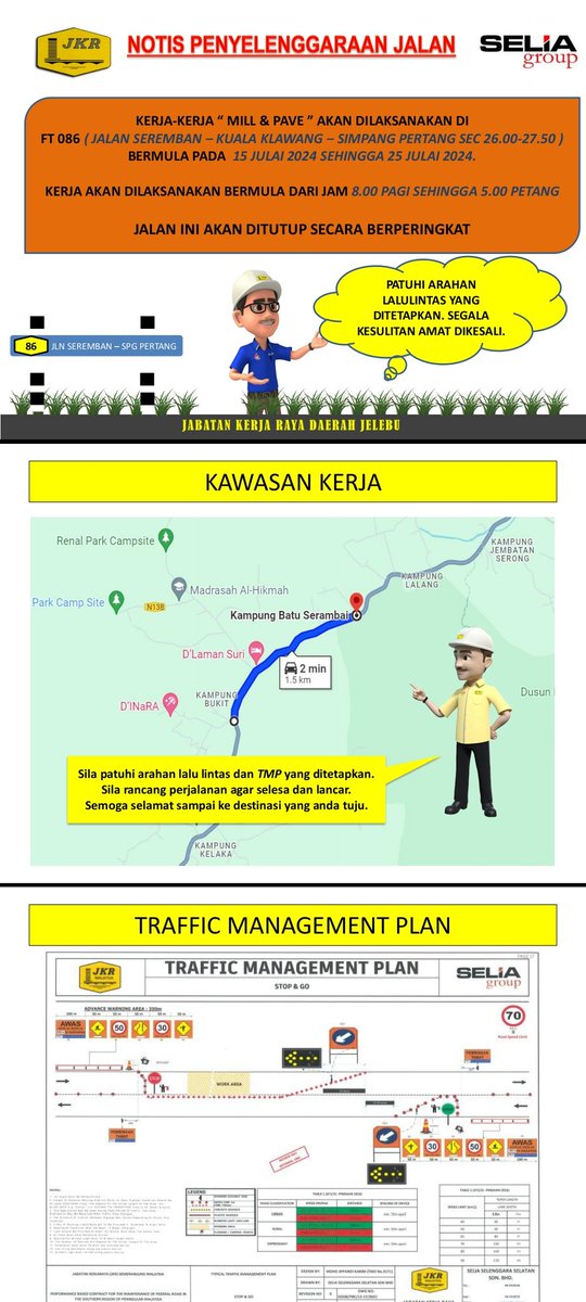 JelebuJkr's tweet photo. Notis Pemakluman: Penyelenggaraan Jalan Kerja-Kerja "Mill&amp;Pave" akan dilaksanakan Di Jalan Seremban -Kuala Klawang -Simpang Pertang di Kawasan hadapan Kampung Bukit hingga Kampung Batu Serambai, Kuala Klawang bermula 15 Jul 2024 hingga 25 Jul 2024. Segala kesulitan amat dikesali. https://t.co/18k1ccAT11