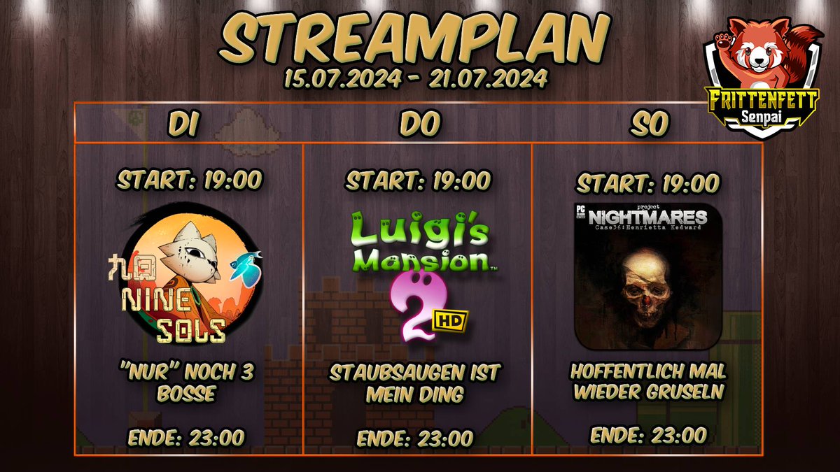 FrittenfettTV's tweet photo. Streamplan für nächste Woche. Ob wir Nine Sols beenden? Ich glaube nicht xD
#twitch #twitchde https://t.co/fd00FU5oMp