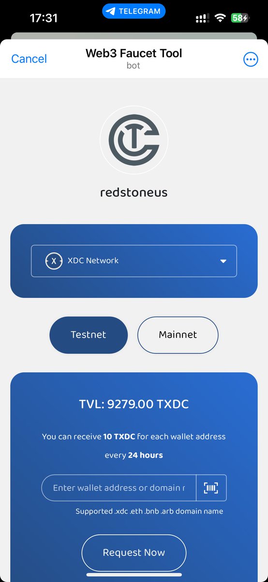 Chains.tools ๐ ๏ธ All-in-one crypto toolbox (@chains_tools) on Twitter photo ๐ Introducing the #Web3 Faucet Tool - Mini App on <a href="/telegram/">Telegram Messenger</a>!
Experience a simple, seamless way to receive testnet tokens across 32 #EVM blockchain platforms.
Try it now: t.me/Web3FaucetBot
<a href="/TelegramMiniApp/">Telegram Mini Apps</a> #Telegram ๐ Introducing the #Web3 Faucet Tool - Mini App on <a href="/telegram/">Telegram Messenger</a>!
Experience a simple, seamless way to receive testnet tokens across 32 #EVM blockchain platforms.
Try it now: t.me/Web3FaucetBot
<a href="/TelegramMiniApp/">Telegram Mini Apps</a> #Telegram