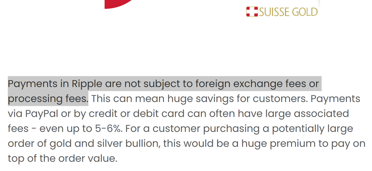 🇨🇭💯 SWITZERLAND HAS A STRONG AFFINITY FOR #XRP (SEE POST BELOW) ➡️ BUYING #GOLD WITH XRP WITHOUT PAYING FOREIGN EXCHANGE FEES OR PROCESSING FEES IS A GAME CHANGER <a href="/suissegold0/">Suisse Gold</a>  ↔️  PAYMENTS VIA PAYPAL OR BY CREDIT OR DEBIT CARD ~5-6% FEES 

SOURCE: suissegold.eu/de/ripple