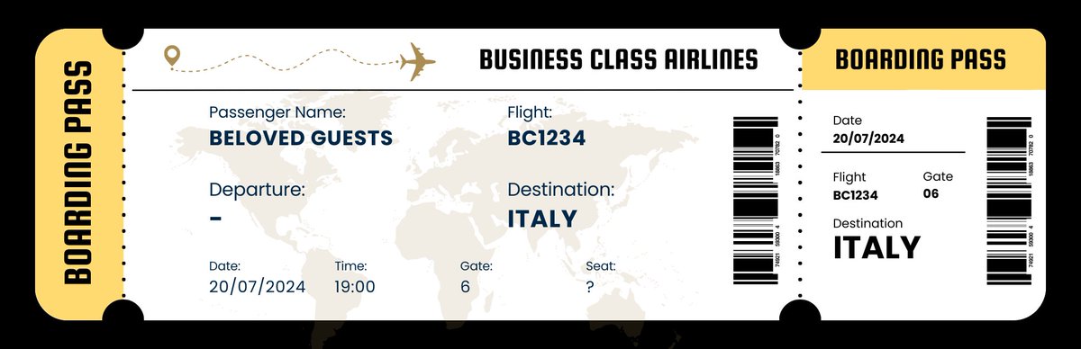 ⠀
╰ * Seluruh tamu akan mengikuti penerbangan dari lokasi masing-masing yang sudah disediakan secara khusus oleh kedua pasangan. Termasuk penerbangan pulang.

Para tamu akan disewakan tempat selama 3 hari 3 malam di resort IL 𝗣𝗘𝗟𝗟𝗜𝗖𝗔𝗡𝗢 terhitung sejak acara selesai.
⠀
