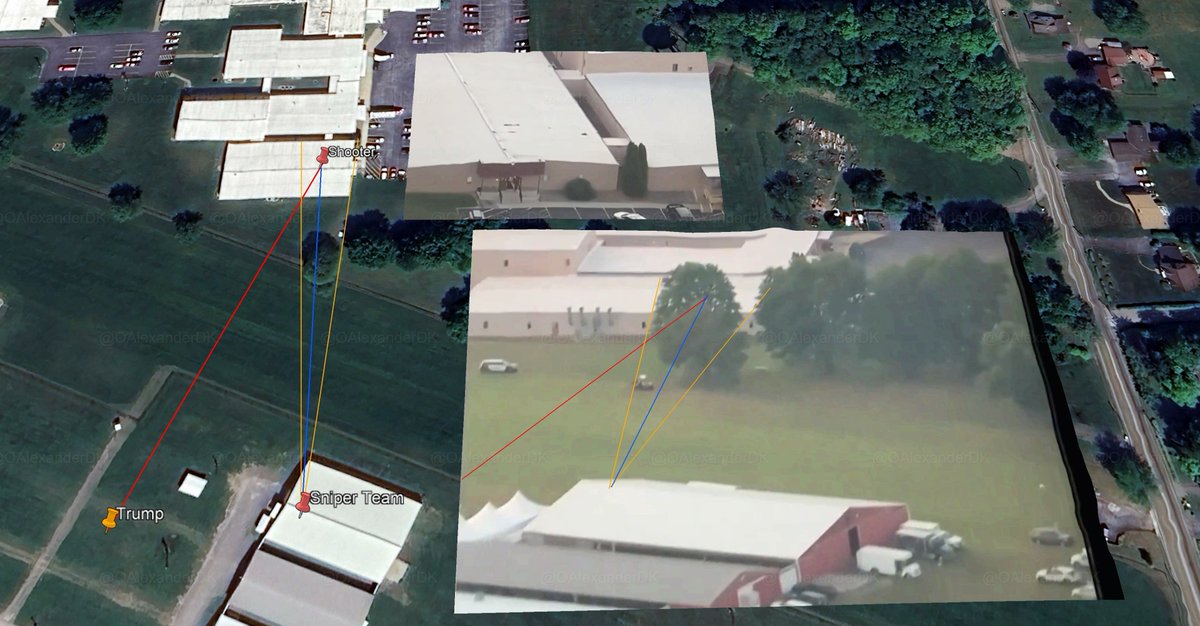 OAlexanderDK's tweet photo. With the new angles, we can see that the law enforcement sniper team covering the building just north likely had their vision obstructed by a tree.

This adds the question of why the people covering the lost likely vantage point could only see half the roof. https://t.co/uTHcOGt7MA