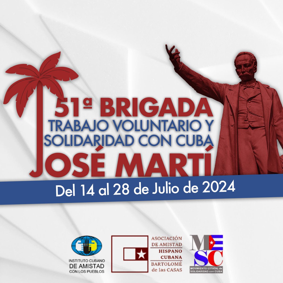 H_Cubana's tweet photo. ✈️ En estos momentos parte para #Cuba 🇨🇺el contingente del estado español de la #BrigadaEuropeaJM2024‼️

📲 Estáte atenta/o a nuestras redes sociales y acompáñanos en este viaje de solidaridad y cooperación en este año en el que se cumple el 171º aniversario del natalicio de #JoséMartí, el 65º del triunfo de la #RevoluciónCubana, y el 71º del Día de la Rebeldía Nacional el #26deJulio. 

#CubaNoEstáSola 🤝
#CubaEnModoVictoria ✊