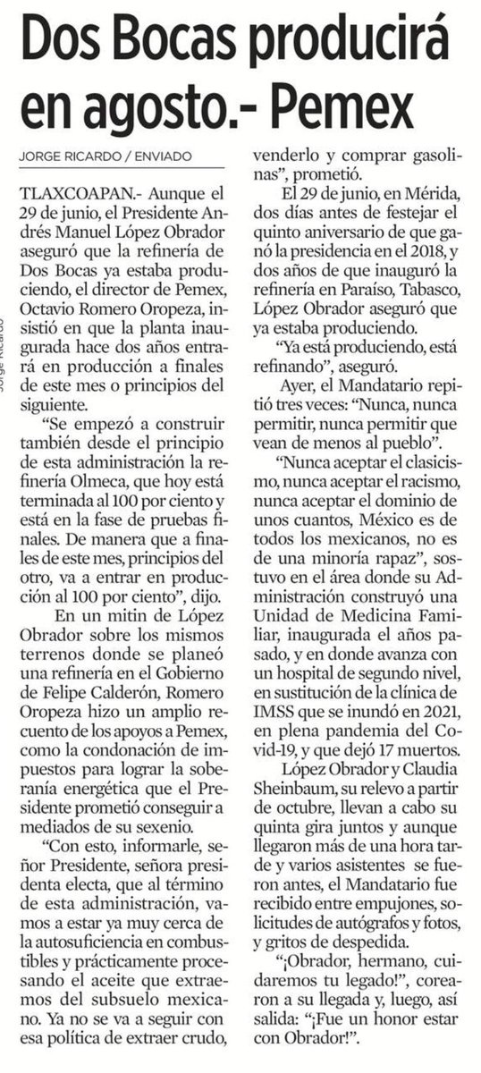💥 SOPAS 💥 

DESMIENTEN a López Obrador.

Y lo hizo el propio Director de Pemex.

Dos Bocas NO está refinando nada.

Si bien les va, será hasta Agosto..

O hasta Septiembre..
O hasta Octubre..
O hasta Noviembre..

Y así.. algún día..
