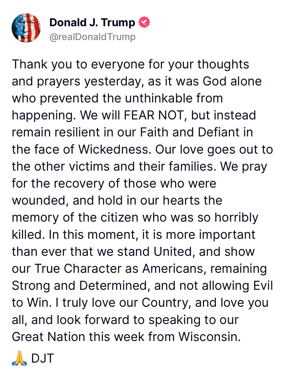 Former President <a href="/realDonaldTrump/">Donald J. Trump</a> released a very powerful statement on his Truth Social this morning. He is an amazing man, and he credits GOD ALONE for saving his life. Read it for yourself here: