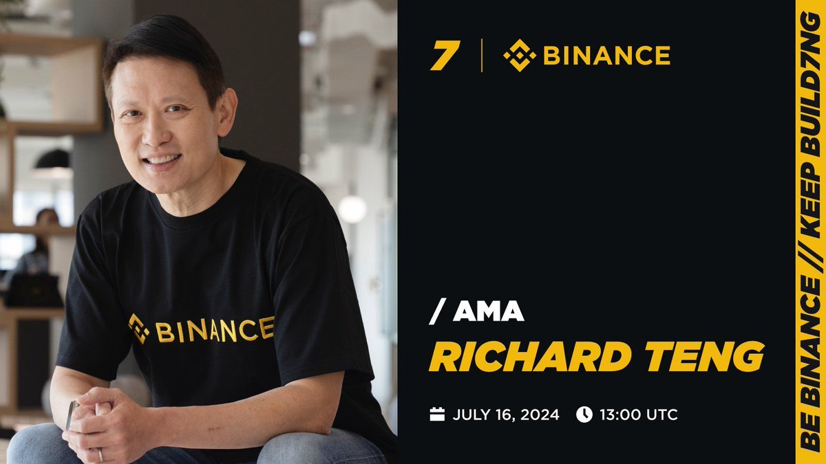 Binance (@binance) on Twitter photo #BinanceTurns7!
To celebrate, weβre hosting an exclusive AMA with our CEO, <a href="/_RichardTeng/">Richard Teng</a>.
ποΈ July 16, 2024
β° 13:00 UTC
π X Spaces
Set a reminder π x.com/i/spaces/1YqKDβ¦ #BinanceTurns7!
To celebrate, weβre hosting an exclusive AMA with our CEO, <a href="/_RichardTeng/">Richard Teng</a>.
ποΈ July 16, 2024
β° 13:00 UTC
π X Spaces
Set a reminder π x.com/i/spaces/1YqKDβ¦
