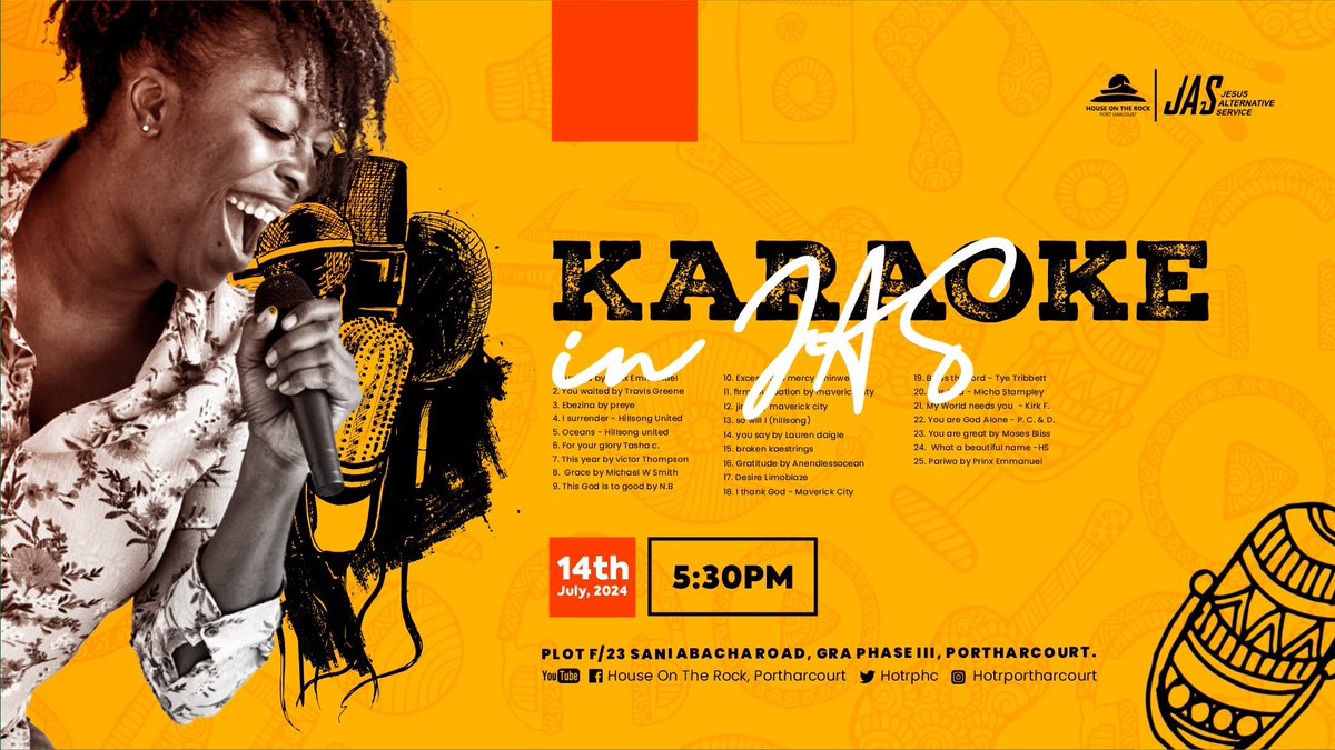 HOTRphc's tweet photo. Join us tonight at the Jesus Alternative Service (JAS) for our inaugural Karaoke night! This evening promises to be an unforgettable experience, filled with soothing sounds, powerful performances, and infectious fun.
#JAS
#KaraokeInJAS
#JesusAlternativeService
#HouseOnTheRock https://t.co/rN9D7hIJPV