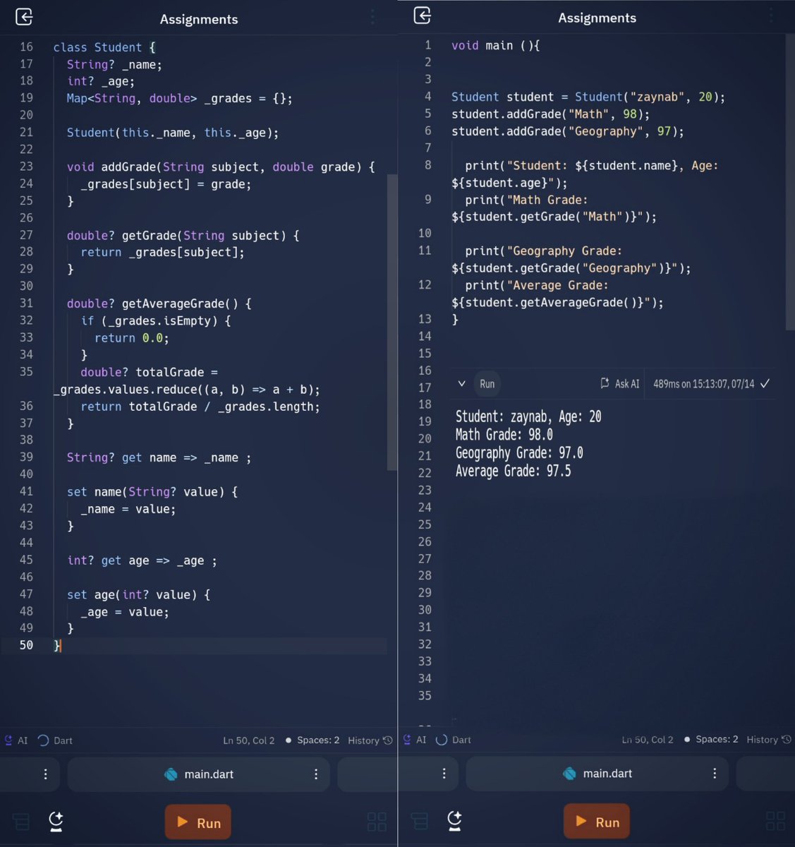 11Zaynqazi's tweet photo. "And the last assignment in dart language๐."
I feel so happy that I completed all my assignments successfully in dart language ๐โจ.
Hope it happens in Flutter class.โ๏ธ
#CodingJourney #DartPrograming
#Encapsulation
#AfghanGirlsCode
@a_daneshyar
@CodeToInspire https://t.co/EqSdBprXJa