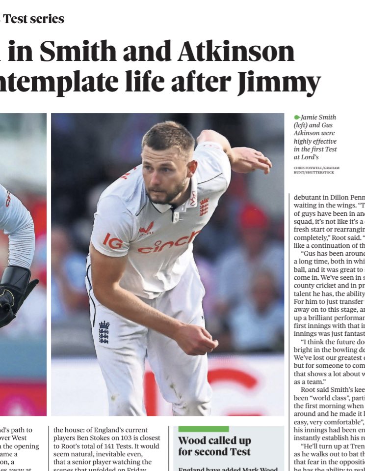 GrahamHuntPhoto's tweet photo. Publication in The Observer newspaper today with one of my pics of Gus Atkinson of England from the test match v West Indies via @ProSportsImages - @ECB_cricket #cricket #ENGWIN #news https://t.co/FPCv1hK4ub