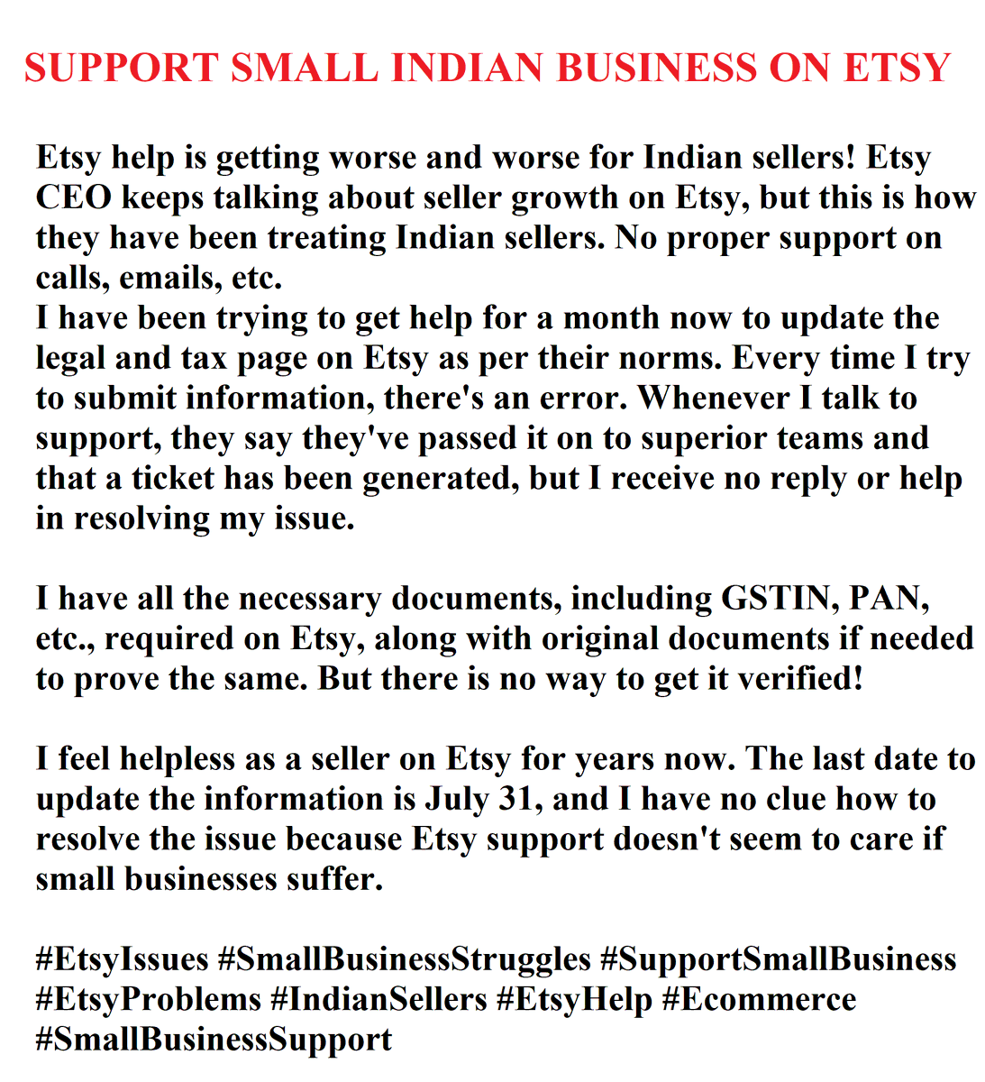 krishna_gems's tweet photo. Etsy help is getting worse and worse for Indian sellers! Etsy CEO keeps talking about seller growth on Etsy, but this is how they have been treating Indian sellers. "READ IMAGE FOR INFO" #EtsyIssues #SupportSmallBusiness #EtsyProblems #IndianSellers #EtsyHelp @Etsy https://t.co/FQXbgnFv9K