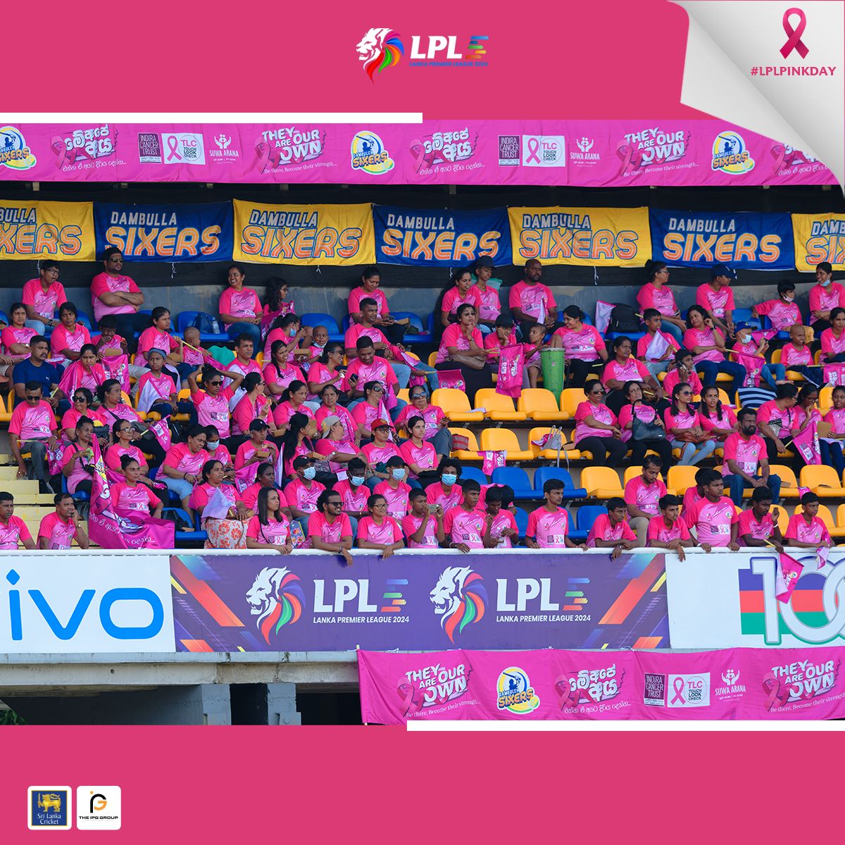 LPLT20's tweet photo. Sixers 💫 supporters turn the stadium into a sea of pink, showing their support and raising awareness for the fight against breast cancer! 💖🎀

#StrikeForHope #LPL2024 #LPLPinkDay #LankaPremierLeague #LPLT20 #SriLankaCricket #SLC #CricketFever #T20Cricket https://t.co/Juj5EGhAVY