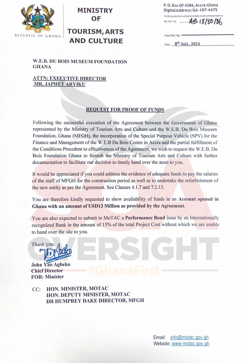 S_OkudzetoAblak's tweet photo. Our State Capture lenses continue to keenly monitor developments on the Akufo-Addo/Bawumia scungy agreement to hand over Ghana’s famed W.E.B. Du Bois Centre to a private foundation for 50 years. 

Latest intercepted documents unveil a great deal of confusion within government, and an alarming lack of due diligence. 

President Akufo-Addo has written to the privately owned W.E.B. Du Bois Museum Foundation to confirm his participation in a 27th August, 2024 sod cutting ceremony at the Du Bois Centre which will formally transfer our iconic Du Bois Centre to the President’s preferred SPV for 50 years. 

In confirming his participation for the sod cutting, President Akufo-Addo is not the least bothered that the W.E.B. Du Bois Museum Foundation has not met the Conditions Precedent under the infamous lopsided 50-year agreement? 

Whereas President Akufo-Addo is eager to finalize the 50-year hand over of the W.E.B. Du Bois Centre by hurriedly confirming his participation through a 6th May, 2024 letter signed by his secretary, Nana Bediatuo Asante, which was addressed to the Board Chair of the W.E.B. Du Bois Museum Foundation, Mr. Daniel Rose (copy attached); the President’s Ministry of Tourism, Arts and Culture is frantically sounding alarm bells. 

Chief Director of the Tourism Ministry, John Yao Agbeko wrote only last week (July 8, 2024) to the W.E.B. Du Bois Museum Foundation warning that if they do not show evidence of availability of funds amounting to US$13million in a Ghana account, evidence of funds to pay salaries of staff at the Du Bois Centre and a Performance Bond issued by an internationally recognized bank, the Ministry would not hand over the site to them (intercepted letter duly attached). 

So we now have a bizarre situation where the President has given full blessings to his latest State Capture scheme, promising to attend the launch, even though his own Ministry of Tourism, Arts and Culture is cautioning against proceeding with the 50-year transaction. 

27th August, 2024 promises to be an exceedingly eventful day. 

It is instructive to observe that the Ministry of Tourism’s July 8, 2024 letter demanding proof of funds raises fundamental questions about the nature of due diligence carried out before the agreement was signed last year. Fair to also ask, would this have been the outcome if this transaction was transparent, presented to Parliament and subjected to an open competitive procurement process? 

It has also emerged that President Akufo-Addo’s pet architect, David Adjaye, has predictably been selected as the ordained architect to redesign the Du Bois Centre as part of the 50-year takeover. 

Adjaye appears happy to list this project on his website as he confirms another insider-deal without competitive procurement.

The modus operandi is clearer now, if you want to be favored at the highest level under this Akufo-Addo/Bawumia regime, and be invited to the create, loot and share party, make sure you are ready to partner with David Adjaye. 

David Adjaye has been central in the sleazy US$450million Akufo-Addo’s Cathedral project, the dubiously inflated US$222.8million Bank of Ghana Headquarters project, Agenda 111 hospitals project, Marine Drive Project, Trade Fair project, W.E.B. Du Bois Centre 50-year takeover, and all the others. You can be sure of full iron-clad presidential support once you have David Adjaye in your corner. 

But the day of reckoning is fast approaching. 

In the meantime, I am looking forward to my parliamentary questioning of the Ministers who were asked to sign this rip-off, unpatriotic and anti-Pan-Africanist 50-year sweetheart agreement. 

I have absolutely no doubt that with our ever expanding Anti-State Capture Coalition, we shall surely defeat the canker of State Capture and rescue our beloved country. 

We would be victorious, again!

For God and Country. 

Ghana First 🇬🇭