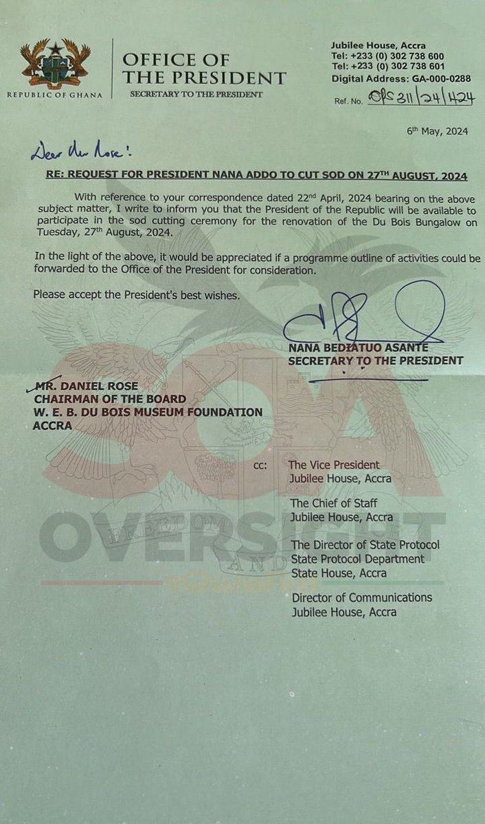 S_OkudzetoAblak's tweet photo. Our State Capture lenses continue to keenly monitor developments on the Akufo-Addo/Bawumia scungy agreement to hand over Ghana’s famed W.E.B. Du Bois Centre to a private foundation for 50 years. 

Latest intercepted documents unveil a great deal of confusion within government, and an alarming lack of due diligence. 

President Akufo-Addo has written to the privately owned W.E.B. Du Bois Museum Foundation to confirm his participation in a 27th August, 2024 sod cutting ceremony at the Du Bois Centre which will formally transfer our iconic Du Bois Centre to the President’s preferred SPV for 50 years. 

In confirming his participation for the sod cutting, President Akufo-Addo is not the least bothered that the W.E.B. Du Bois Museum Foundation has not met the Conditions Precedent under the infamous lopsided 50-year agreement? 

Whereas President Akufo-Addo is eager to finalize the 50-year hand over of the W.E.B. Du Bois Centre by hurriedly confirming his participation through a 6th May, 2024 letter signed by his secretary, Nana Bediatuo Asante, which was addressed to the Board Chair of the W.E.B. Du Bois Museum Foundation, Mr. Daniel Rose (copy attached); the President’s Ministry of Tourism, Arts and Culture is frantically sounding alarm bells. 

Chief Director of the Tourism Ministry, John Yao Agbeko wrote only last week (July 8, 2024) to the W.E.B. Du Bois Museum Foundation warning that if they do not show evidence of availability of funds amounting to US$13million in a Ghana account, evidence of funds to pay salaries of staff at the Du Bois Centre and a Performance Bond issued by an internationally recognized bank, the Ministry would not hand over the site to them (intercepted letter duly attached). 

So we now have a bizarre situation where the President has given full blessings to his latest State Capture scheme, promising to attend the launch, even though his own Ministry of Tourism, Arts and Culture is cautioning against proceeding with the 50-year transaction. 

27th August, 2024 promises to be an exceedingly eventful day. 

It is instructive to observe that the Ministry of Tourism’s July 8, 2024 letter demanding proof of funds raises fundamental questions about the nature of due diligence carried out before the agreement was signed last year. Fair to also ask, would this have been the outcome if this transaction was transparent, presented to Parliament and subjected to an open competitive procurement process? 

It has also emerged that President Akufo-Addo’s pet architect, David Adjaye, has predictably been selected as the ordained architect to redesign the Du Bois Centre as part of the 50-year takeover. 

Adjaye appears happy to list this project on his website as he confirms another insider-deal without competitive procurement.

The modus operandi is clearer now, if you want to be favored at the highest level under this Akufo-Addo/Bawumia regime, and be invited to the create, loot and share party, make sure you are ready to partner with David Adjaye. 

David Adjaye has been central in the sleazy US$450million Akufo-Addo’s Cathedral project, the dubiously inflated US$222.8million Bank of Ghana Headquarters project, Agenda 111 hospitals project, Marine Drive Project, Trade Fair project, W.E.B. Du Bois Centre 50-year takeover, and all the others. You can be sure of full iron-clad presidential support once you have David Adjaye in your corner. 

But the day of reckoning is fast approaching. 

In the meantime, I am looking forward to my parliamentary questioning of the Ministers who were asked to sign this rip-off, unpatriotic and anti-Pan-Africanist 50-year sweetheart agreement. 

I have absolutely no doubt that with our ever expanding Anti-State Capture Coalition, we shall surely defeat the canker of State Capture and rescue our beloved country. 

We would be victorious, again!

For God and Country. 

Ghana First 🇬🇭
