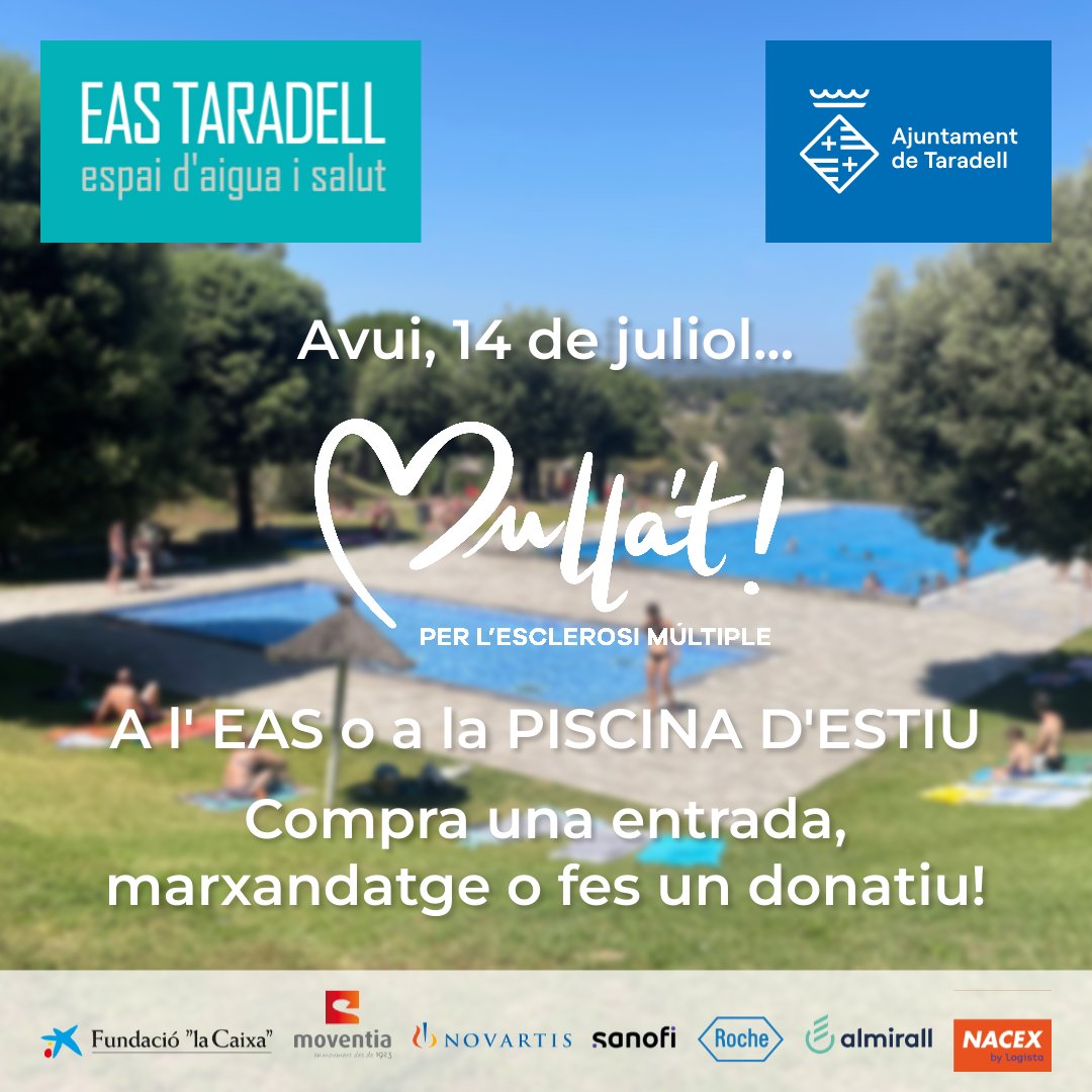 AjTaradell's tweet photo. Avui, 14 de juliol, mulla't per l'esclerosi múltiple a #Taradell! A l'EAS o a la piscina d'estiu,  compra una entrada, marxandatge o fes un donatiu! #MULLAT2024 https://t.co/7oARhqZYak
