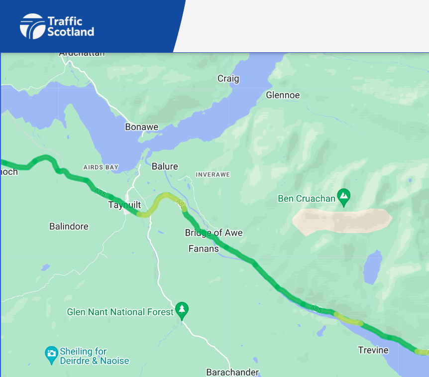trafficscotland's tweet photo. ❗️NEW⌚️12:20

#A85 Taynuilt - Bridge of Awe

#A85 both directions is currently⛔️CLOSED⛔️ due to a vehicle collision.

Please use alternative routes where possible.

@NWTrunkRoads https://t.co/0rizxS1fTE