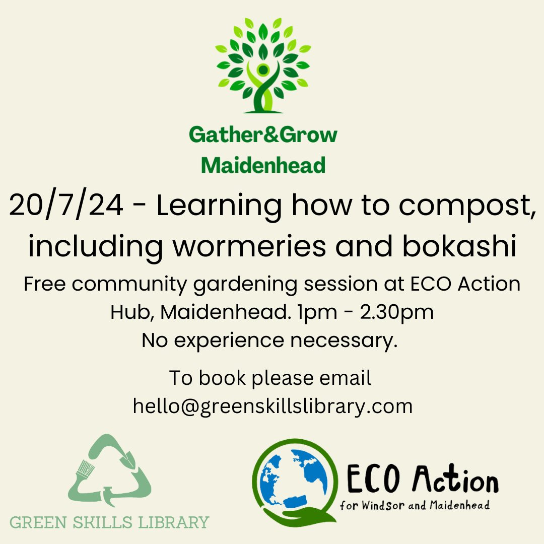 GreenSkillsLib's tweet photo. Remember we have a free talk coming up next weekend! 

The workshop is community led and free, and all are welcome. It will take place at ECO Action Hub Windsor and Maidenhead. Drop us an email at hello@greenskillslibrary.com to book a place.

#maidenhead #composting https://t.co/B5rZlhUZen