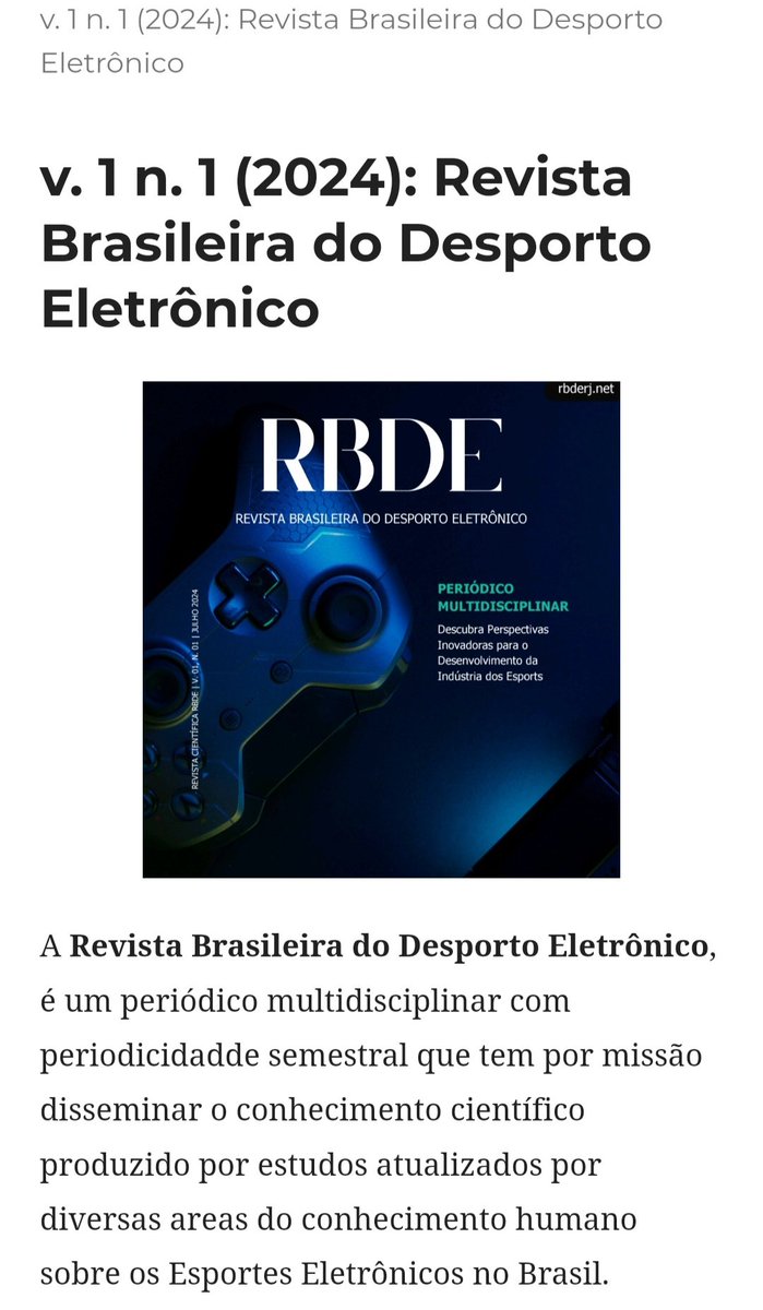 Carlosgama_gg's tweet photo. No ar a primeira edição da Revista Brasileira do Desporto Eletrônico
Link da 1ª Edição do periódico científico: https://t.co/hrqRUk0UbH
#RBDE #esports #esportsrj #esportsbr https://t.co/hoQFvFw7dE