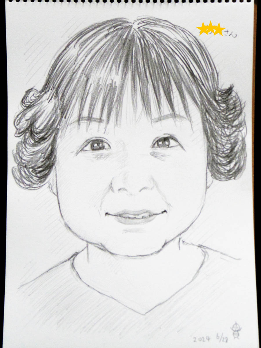 「さぎ沼アート展」でお描きした似顔絵を、お客様に許可いただき掲載✍️😊 アート展内の企画"あなたの物語を話そう"のコーナーで聞き手を務めてくださっていた、まりあさん(仮称)⭐️ 面白い「ダイアローグ」を経験させていただきました。 ありがとうございました! #宮前区 #似顔絵 #鉛筆画 #手描き