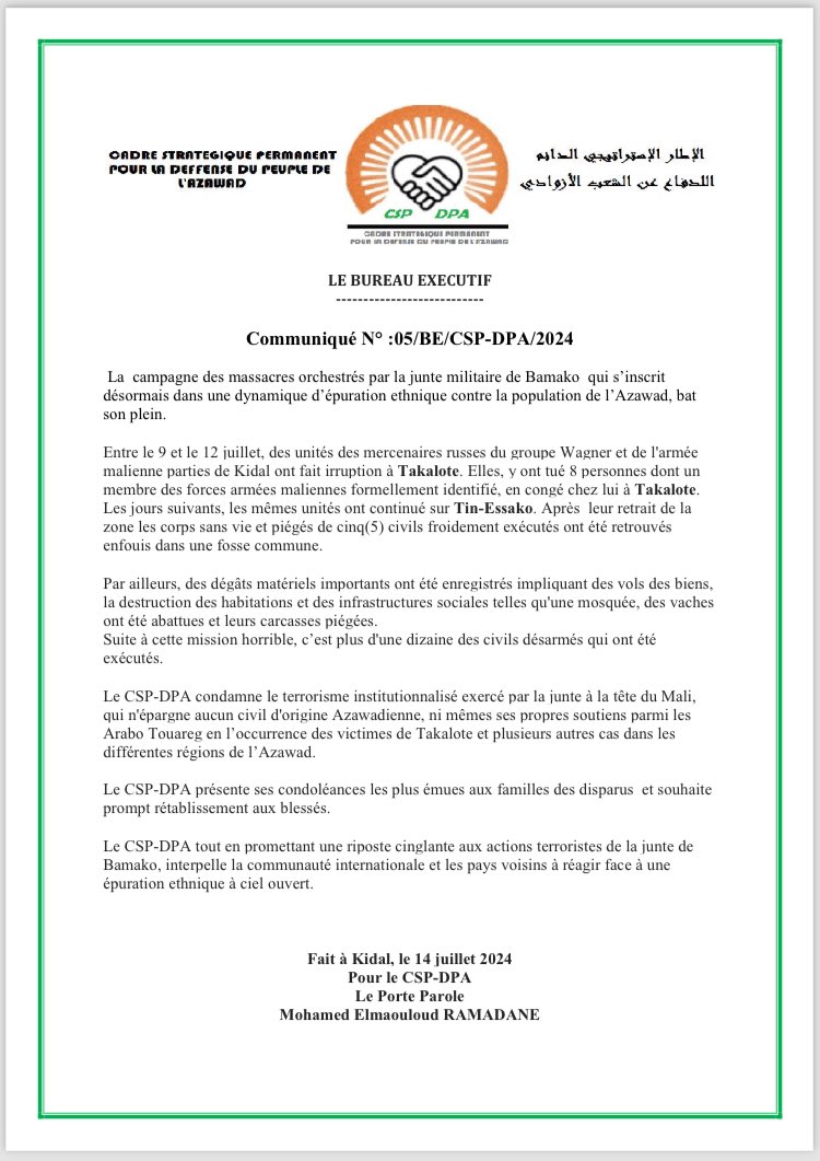 MohmedRAMADANE's tweet photo. La campagne des massacres orchestrés par la junte militaire de Bamako qui s’inscrit
désormais dans une dynamique d’épuration ethnique contre la population de l’Azawad, bat son plein. @amnesty @CourPenaleInt https://t.co/aVDQ7v8pkg