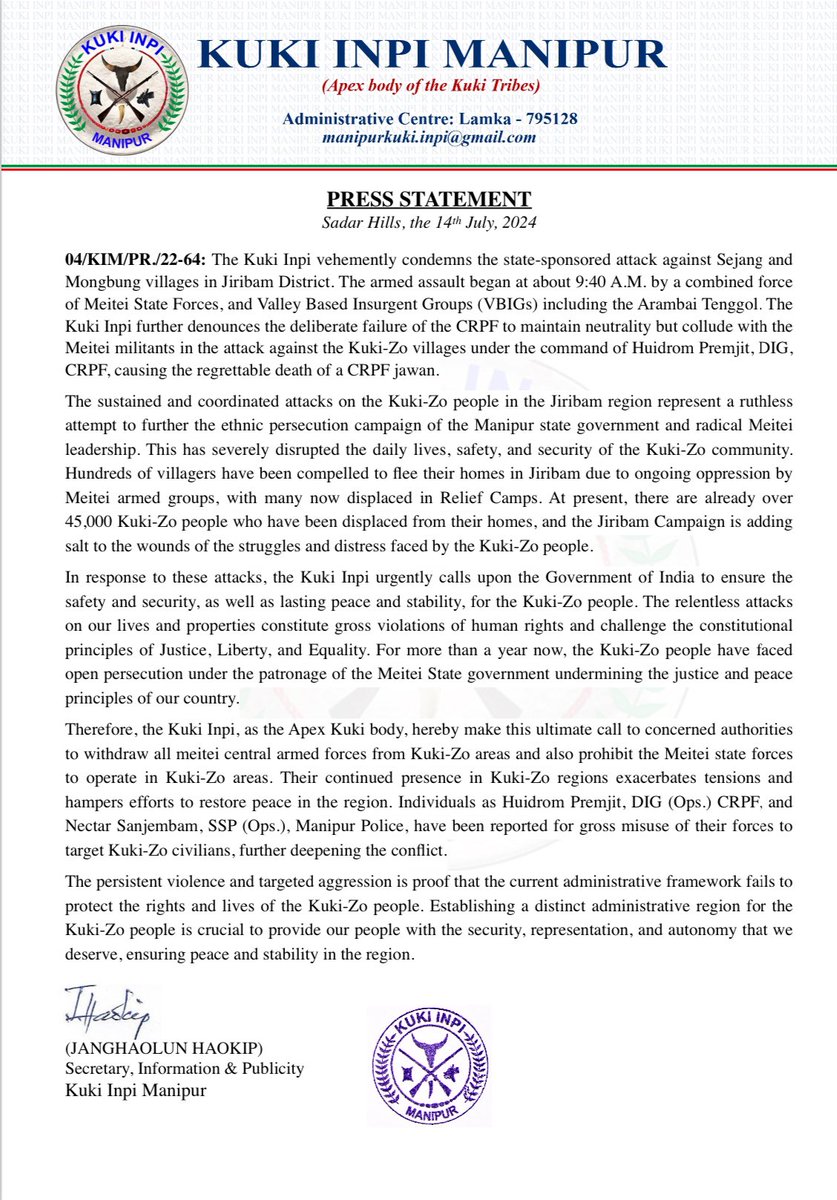 Paari_Athouba's tweet photo. Kuki Inpi attempts to cover their lies with deceitful PR statements. The CRPF team accompanying the martyred Ajay Kumar Jha knows exactly who was responsible for the attack, who fired the fatal shots, and which side initiated the ambush. Kuki Inpi believes their fabricated PR will obscure the truth and confuse the larger population with nonsensical claims.

This is a clear example of the art of deception, consistently employed by various separatist groups to advance their agenda of Zalengam and establishing a Kuki homeland in the occupied territory of Manipur.

The truth about Kuki Inpi’s consistent lies is now evident.

@crpfindia 

@kuldiep86 Mr. Kuldeep Singh, being from the CRPF and head of the entire security arrangement in Manipur, must release the actual report to ensure justice for the martyred jawan. His sacrifice should not go in vain; we demand justice for the slain jawan killed by Narco-Terrorist bullets once again.

Since May 3, 2023, Narco-Terrorists have repeatedly targeted and killed CRPF, BSF, AR, and state police personnel, with numerous incidents still ongoing. The Government of India must not remain complacent any longer. It is imperative to respond with utmost retaliation to control and contain all armed Narco-Terrorist groups operating within the state territory of Manipur.

Failure to act decisively will only embolden these terrorists, compromising the safety and security of our forces and citizens.
@News9Tweets @NELiveTV @ndtv @IndiaTodayNE @IndiaToday