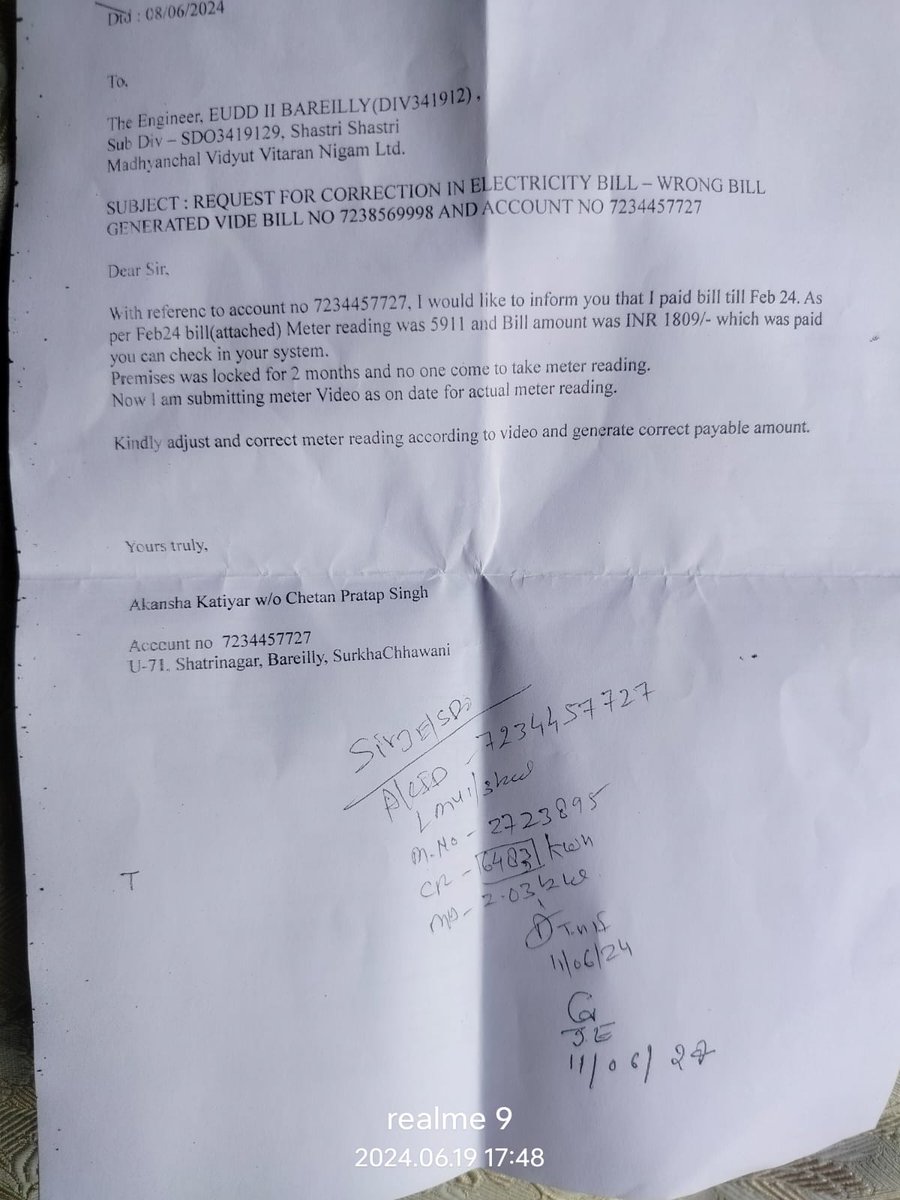 Chetan_PSY's tweet photo. Despite of several request and visit to electricity house MVVNL, Bareilly EUDD II, My electricity bill didnt get corrected. Complained letter attached for your reference. Pl help me in this regard as it's not feasible to go to electricity house again. @mvvnlbareilly @UPPCLLKO https://t.co/kTT2vd1Eyw