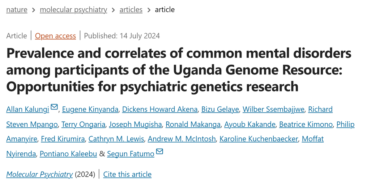 Segun Fatumo (@sfatumo) on Twitter photo Delighted to announce our new paper <a href="/molpsychiatry/">molecularpsychiatry</a>
Our research highlights the potential of genetics for mental health burdens in Africa
The prevalence of Lifetime MDD is 23% in our population with significant association with high blood pressure
Great work led by <a href="/kaluallan/">Allan Kalungi</a> Delighted to announce our new paper <a href="/molpsychiatry/">molecularpsychiatry</a>
Our research highlights the potential of genetics for mental health burdens in Africa
The prevalence of Lifetime MDD is 23% in our population with significant association with high blood pressure
Great work led by <a href="/kaluallan/">Allan Kalungi</a>