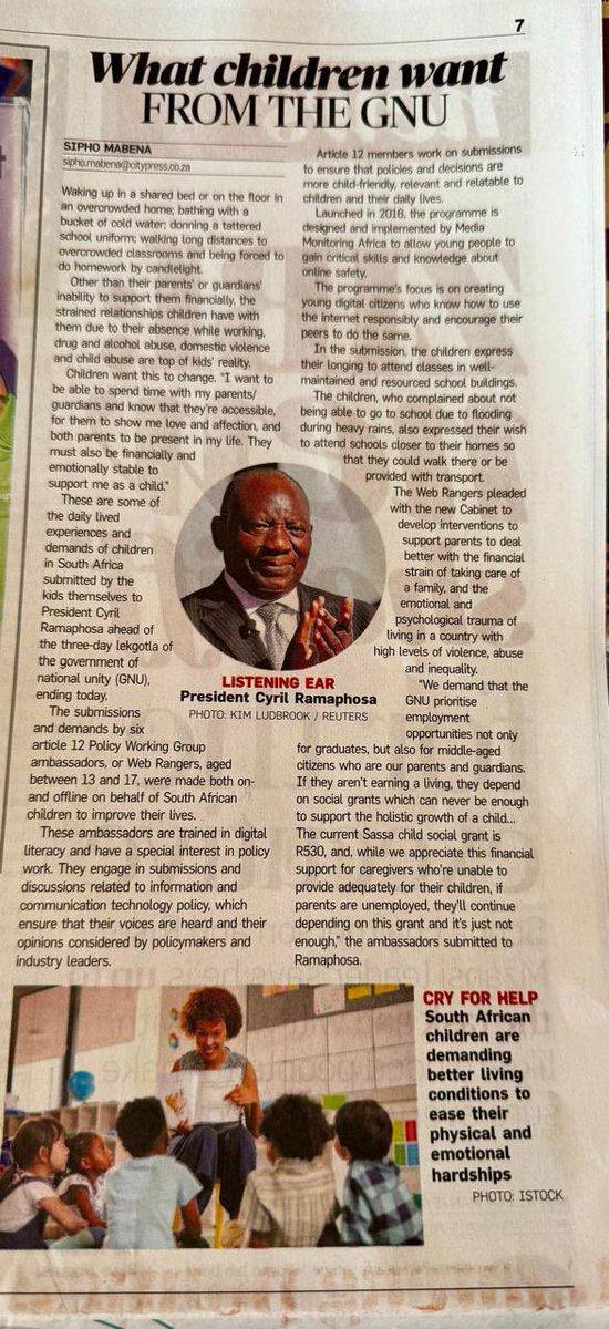 Article 12- Web Rangers SA Alert: As the first GNU lekgotla takes place children had some issues they wanted to raise. It was sent to GNU DG’s and Presidency. 

Read more here: mediamonitoringafrica.org/wp-content/upl…

<a href="/PresidencyZA/">The Presidency 🇿🇦</a> <a href="/SollyMalatsi/">SollyMalatsi</a> <a href="/CyrilRamaphosa/">Cyril Ramaphosa 🇿🇦</a>