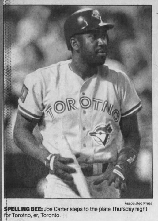 coopincanada's tweet photo. #OTD 30 years ago, Toronto Blue Jays outfielder Joe Carter played the game in a jersey with Toronto misspelled “Torotno” on it. 

The spelling error was made by the manufacturer. 

#BlueJays https://t.co/I8vT9m7xxq