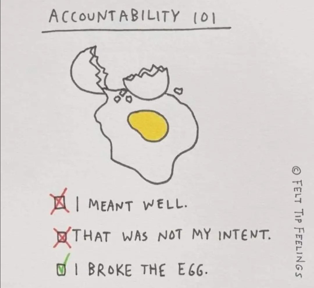 Accountability means accepting that your words or actions caused harm, and reflecting on that, regardless of what your intentions were. This is how we learn and grow.