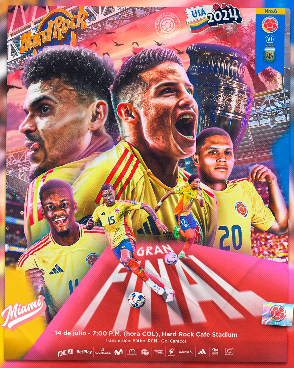 FCFSeleccionCol's tweet image. ¡𝙃𝙤𝙮 𝙟𝙪𝙜𝙖𝙢𝙤𝙨 𝙏𝙊𝘿𝙊𝙎!

🆚 🇦🇷
🗓 Domingo 14 de julio
🕞 7:00 p.m. (Hora COL)
🏟 Hard Rock Stadium, Miami FL
🏆 FINAL Copa América
📺 @CanalRCN @GolCaracol

🔗 bit.ly/4d1OOfo

#TodosSomosColombia 🇨🇴