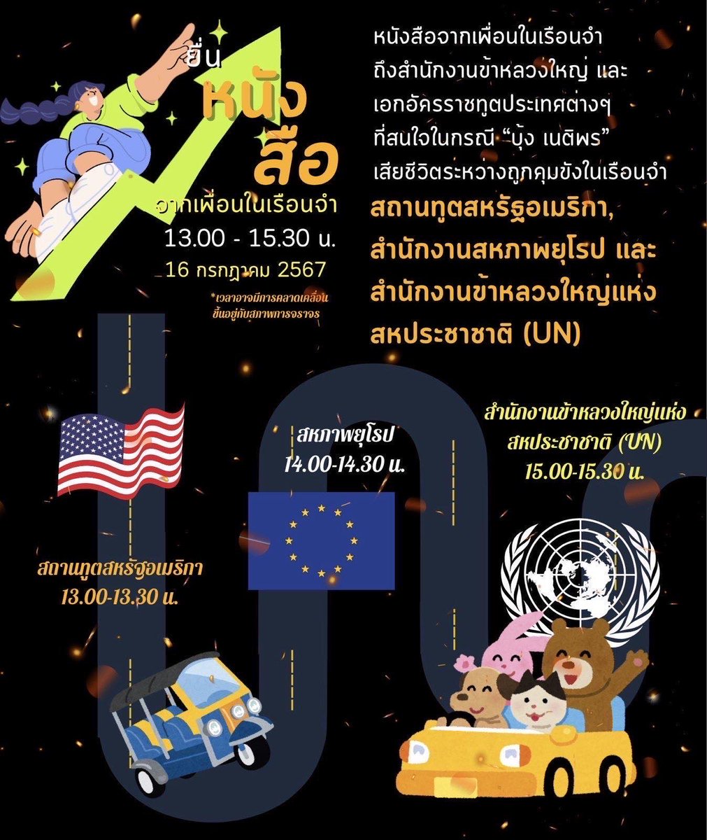 ร่วมยื่นหนังสือ “จากเพื่อนในเรือนจำ”

ยื่นหนังสือจากเพื่อนในเรือนจำถึงสำนักงานข้าหลวงใหญ่ ,เอกอัครราชทูตประเทศต่าง ๆ และสหภาพยุโรป กรณี “บุ้ง เนติพร” นักเคลื่อนไหวที่เสียชีวิตระหว่างถูกคุมขังในเรือนจำ

วันที่ 16 กรกฏาคม 2567
เวลา 13:00-15:30 น.

#LetsGetRights 
#นิรโทษกรรมประชาชน