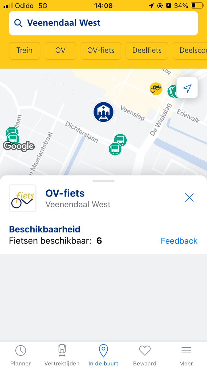 RensBloom's tweet photo. @NS_online Bij mij niet? Zowel niet als ik de OV-fiets dan selecteer in de lijst (daar staat nu wel 'nu geopend') als wanneer ik de OV-fiets aanklik op de kaart.

De kaart had ik inderdaad vanochtend gebruikt na een rondje bij de fietsenrekken om het station heen. https://t.co/9IcG6irrIk