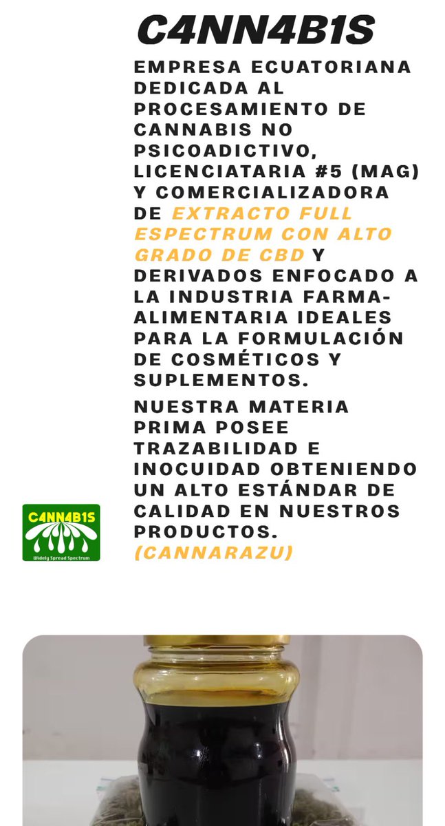 Importante:
Señores les tengo NOTICIAS! 
Si podemos cultivar, si podemos industrializarnos, si podemos EXPORTAR Y SOBRE TODO SI Tenemos CALIDAD PREMIUM! Y ya lo estamos haciendo. A la orden. Somos C4NN4B1S S.A.S productos Cannarazu 🇪🇨🌎<a href="/revistavistazo/">Revista Vistazo</a> <a href="/eluniversocom/">El Universo</a> <a href="/CNNEE/">CNN en Español</a>