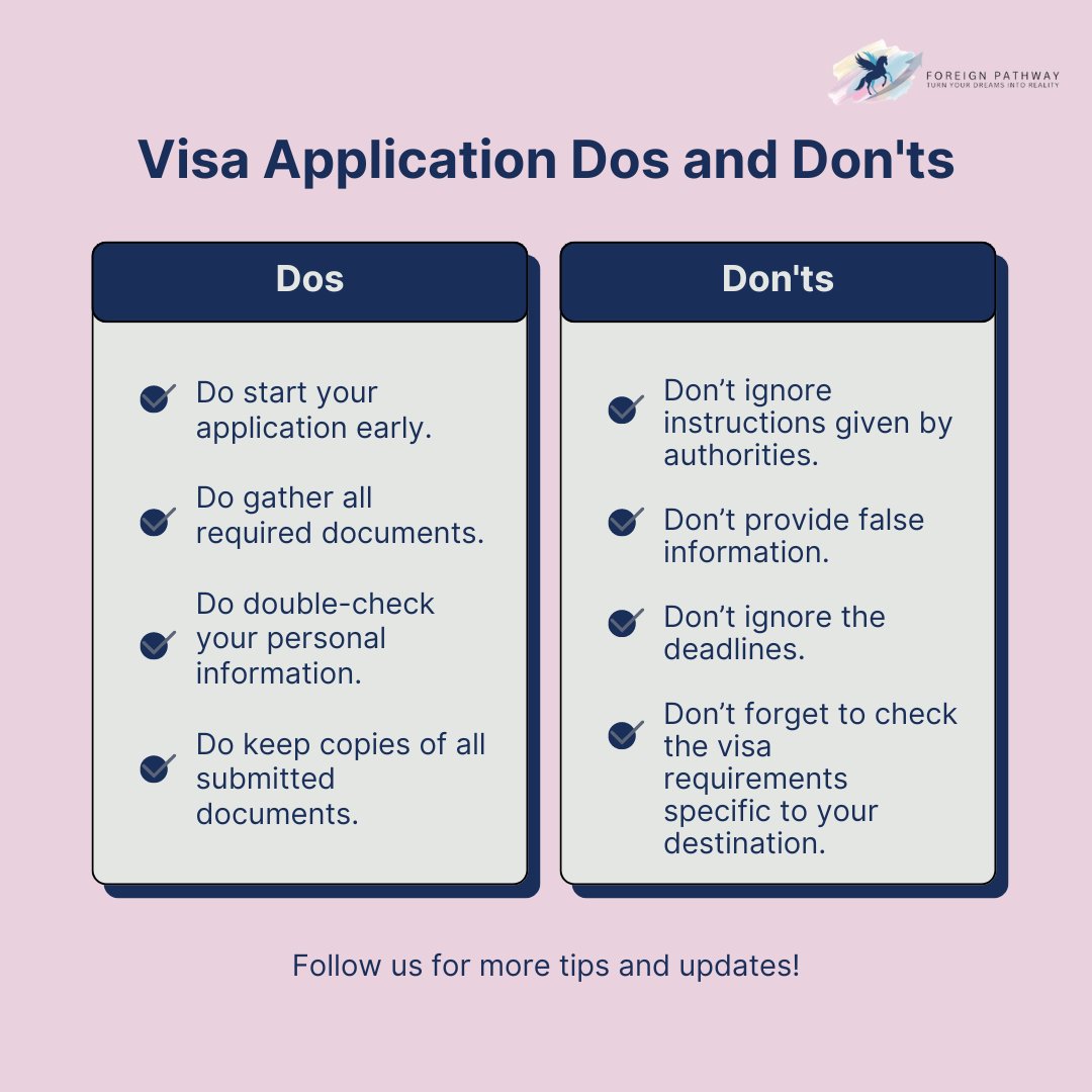 pathway786's tweet photo. ✨ Ace your visa application with our Dos and Don'ts! Visit https://t.co/veg1mZXqQP for more tips. 🌍✈️

#VisaApplication #VisaTips #VisaChecklist #TravelVisa #VisaSuccess #StudyAbroadConsultants #StudyAbroadAdvice #OverseasEducation #GlobalEducation #StudyAbroadHelp https://t.co/jH4q1v8EBg