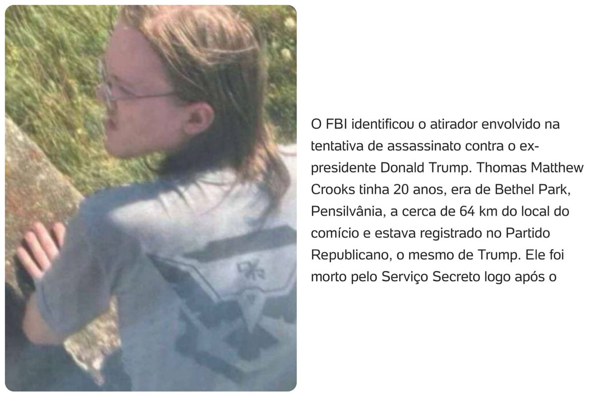 - 20 anos de idade
- Fanático por armas
- Direitista
- Registrado no Partido Republicano (mesmo partido do Trump)

Esse é o Thomas Matthew, atirador responsável pelo atentado contra comício do Donald Trump.