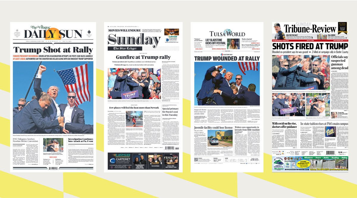 1stForAll's tweet photo. An attempt to take former President Donald Trump's life took place at a rally in Butler, Pennsylvania, on Saturday evening.

See how newspapers worldwide covered yesterday's events. https://t.co/mUzTucptO7 https://t.co/a7KovDXBuF