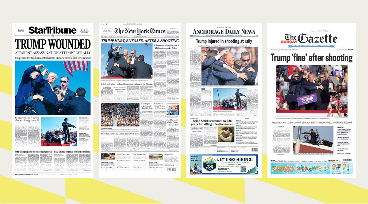 1stForAll's tweet photo. An attempt to take former President Donald Trump's life took place at a rally in Butler, Pennsylvania, on Saturday evening.

See how newspapers worldwide covered yesterday's events. https://t.co/mUzTucptO7 https://t.co/a7KovDXBuF