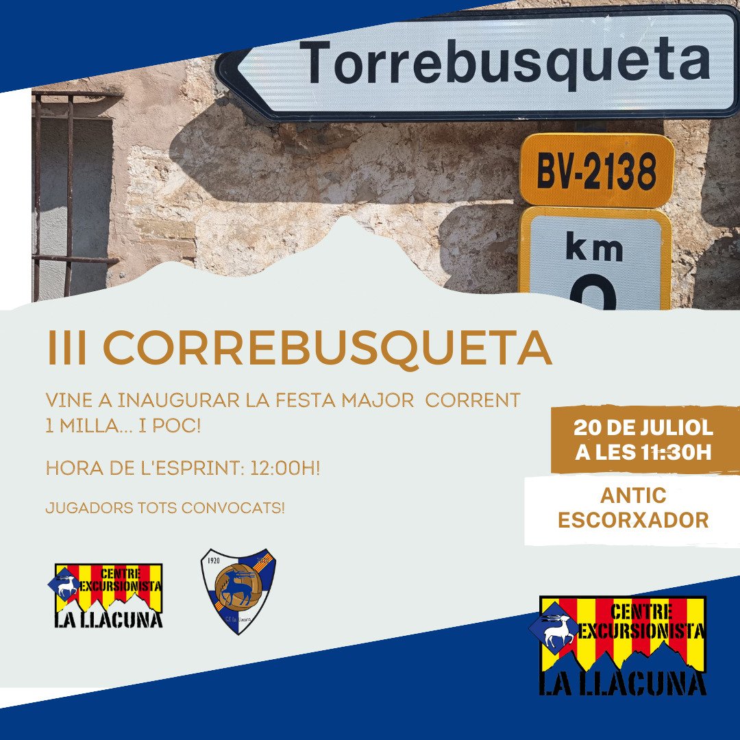 celallacuna's tweet photo. Ep! Que arriba LA PROVA de l'estiu, la #correbusqueta! Dissabte dia 20, a les 11:30, esteu convocats al km 0 de la carretera de la Torrebusqueta. I a les 12, tret de sortida! No us la perdeu 😁 #cflallacuna #celallacuna @lallacuna #fmtorrebusqueta https://t.co/XnYuVoLWJW