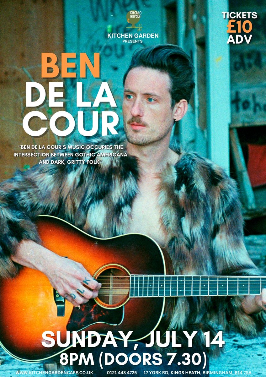 KitchenGarden3's tweet photo. It's @bendelacour at @KitchenGarden3 tonight. The 'Americanoir' folk artist, from East Nashville, has the "song writing acumen of a young Nick Cave and the lyrical wisdom of a vitriolic Leonard Cohen". What football? Tickets here, just £10: https://t.co/twheKNMF0n https://t.co/BfGuiY0z37
