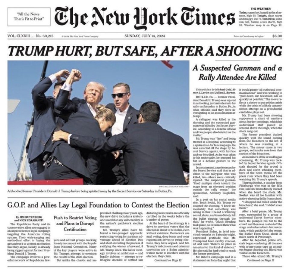 New York Times cuts out the American flag in cover photo, doesn’t use word assassination in front page Trump story. You don’t hate the media enough.