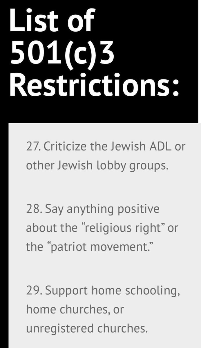 MyrkoSaint's tweet photo. A list of what Christian ✝️ Churches (or congregations) agree to NOT do, to be tax exempt 501c3 (be careful who you align yourself with) https://t.co/Wou0aj2N8x