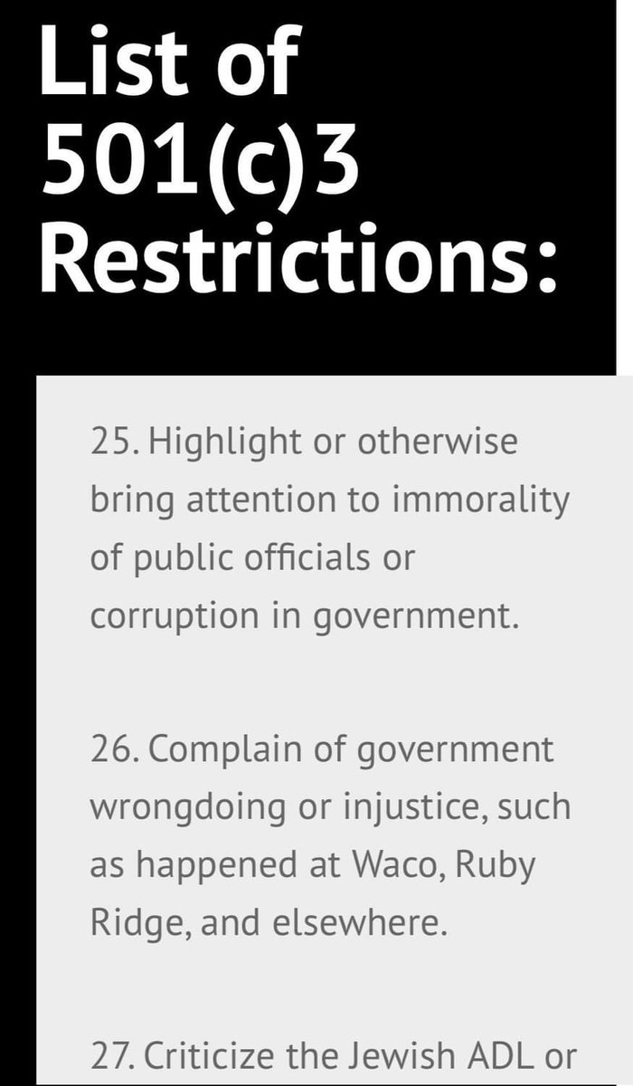 MyrkoSaint's tweet photo. A list of what Christian ✝️ Churches (or congregations) agree to NOT do, to be tax exempt 501c3 (be careful who you align yourself with) https://t.co/Wou0aj2N8x